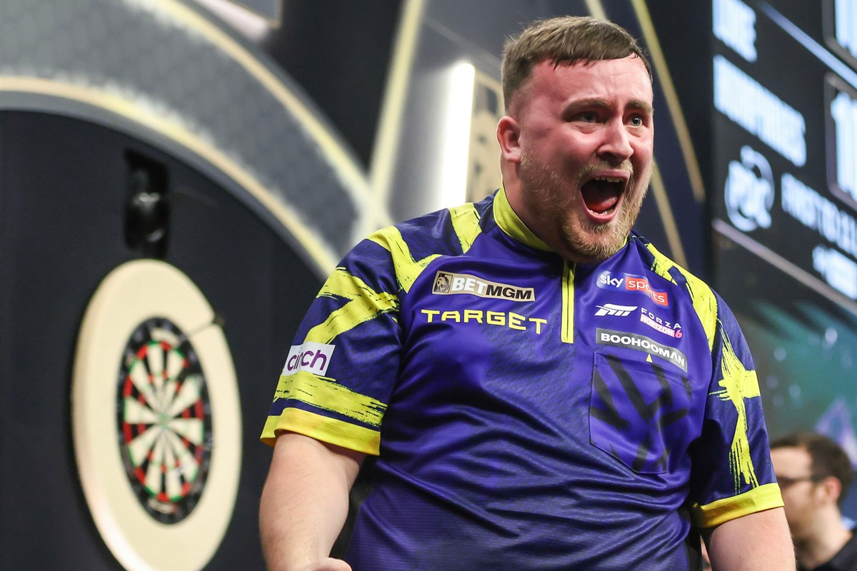 Luke Littler celebrating at the 2026 Nordic Darts Masters